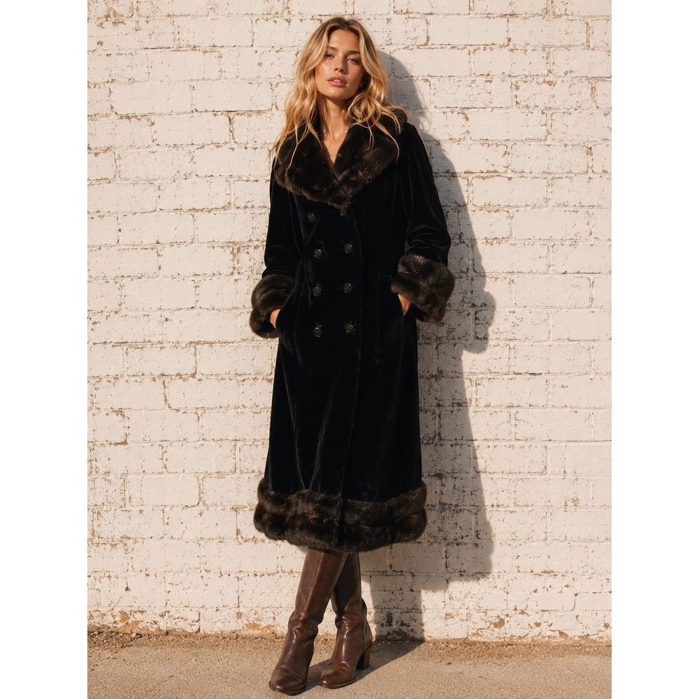 Vintage Borgazia Black Faux Fur Coat Double Breasted Long Glam Coat Mob Wife M